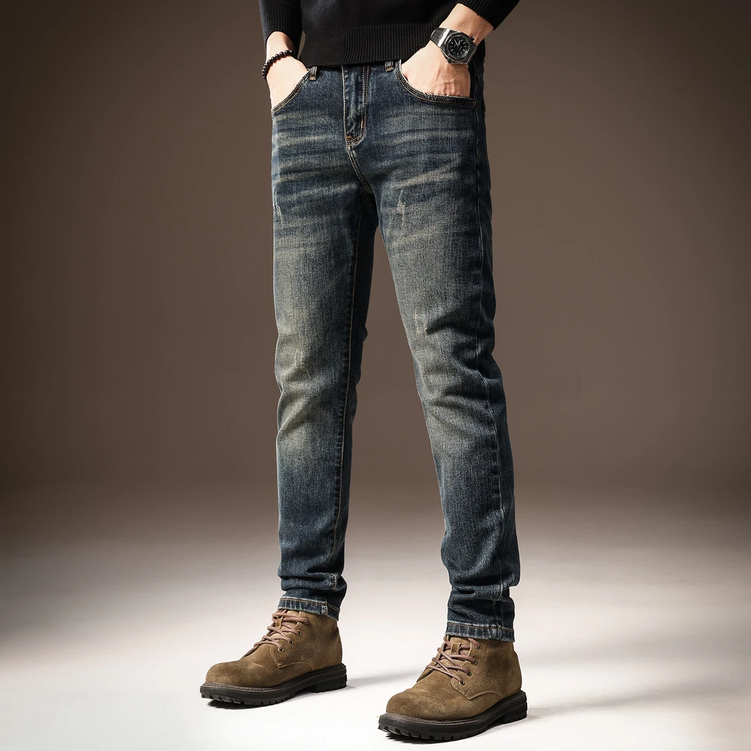 臣吾高端美式复古怀旧水洗牛仔裤秋季新款潮牌修身直筒弹力裤子潮