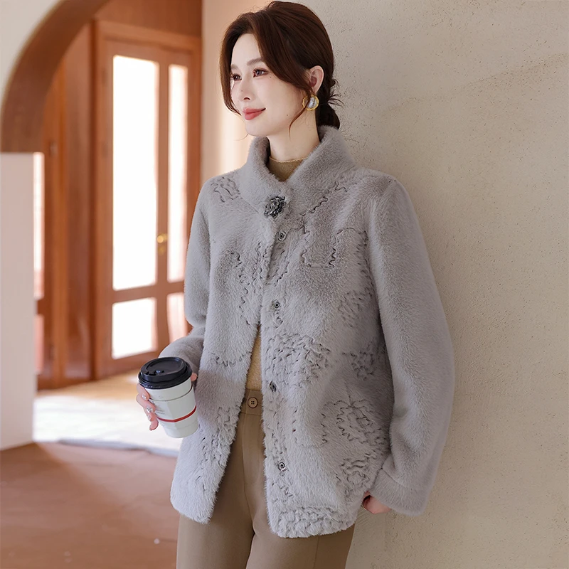 时尚妈妈装立领毛呢外套加绒加厚中式水貂绒中老年女装大衣洋气