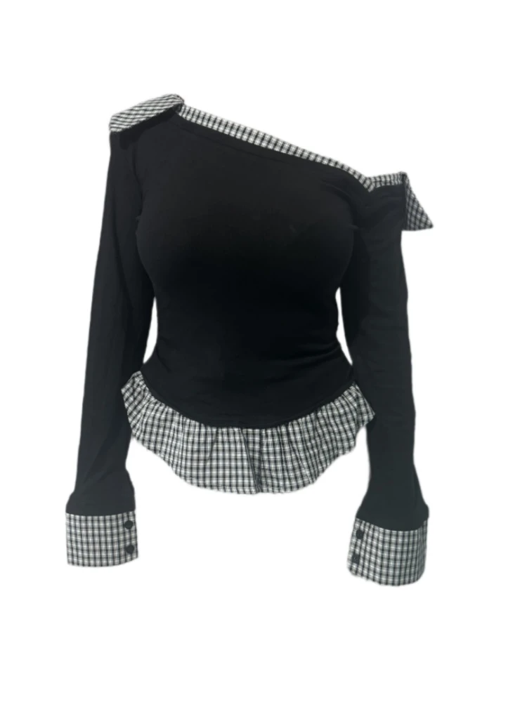 【Amy家】微胖mm纯欲风格子拼接斜肩长袖T恤女修身显瘦别致露肩上衣