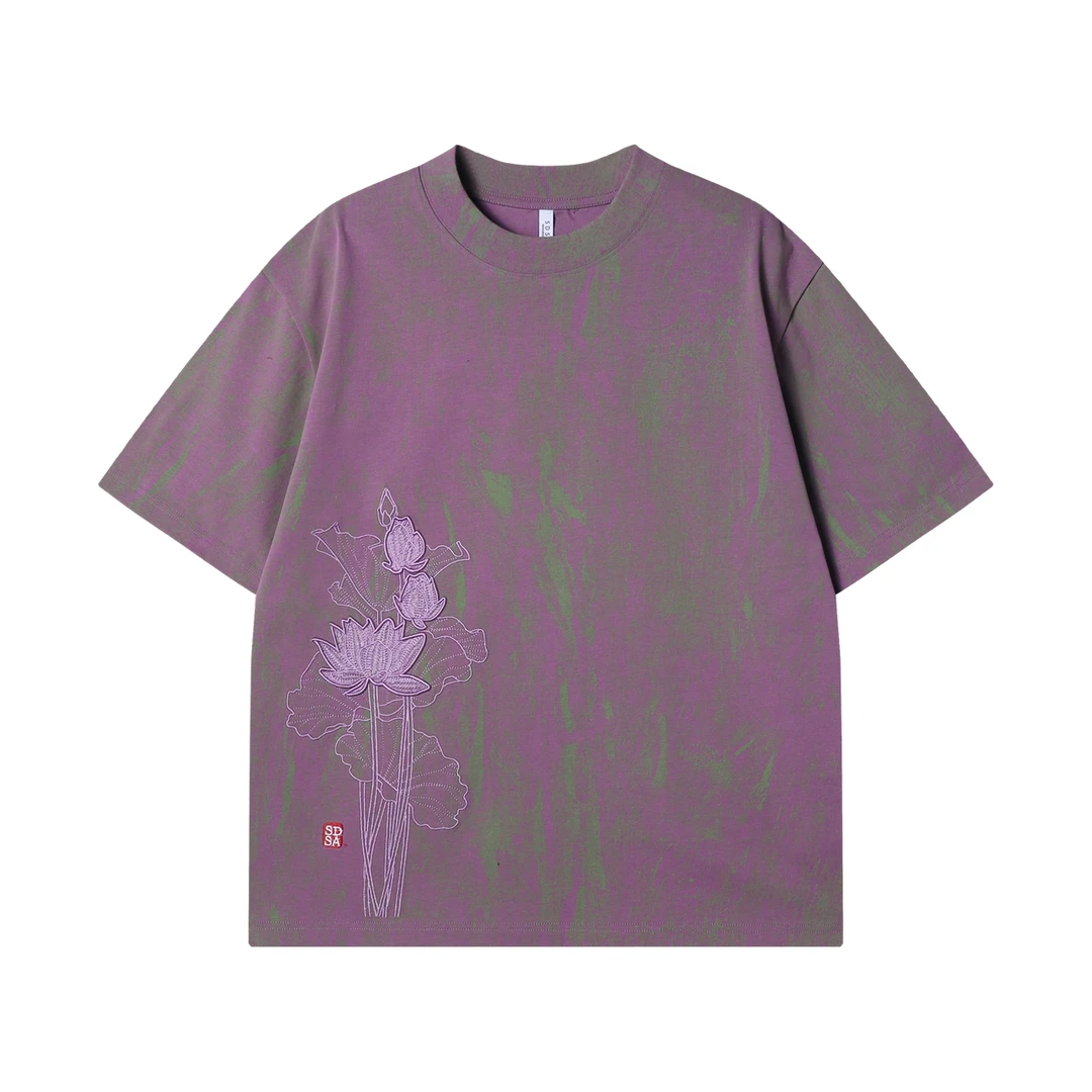 夏季高级感新款晕染花卉刺绣圆领短袖T恤复古宽松国潮套头上衣