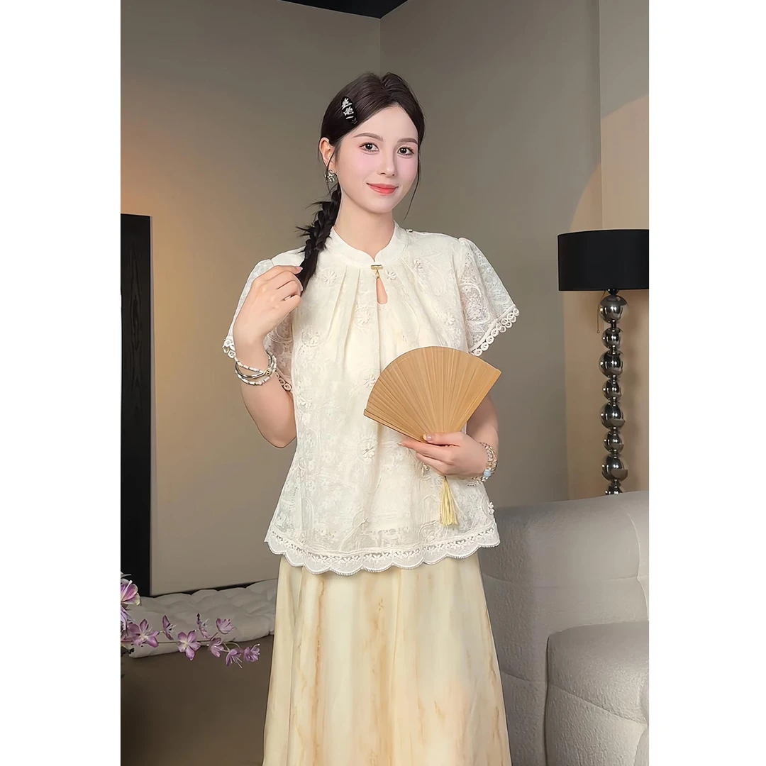 YAMM~新中式国风钩花蕾丝拼接高级感气质短袖衬衫