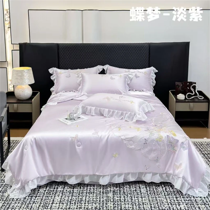 【晴美】韩版冰丝刺绣夏被四件套-蝶梦-淡紫