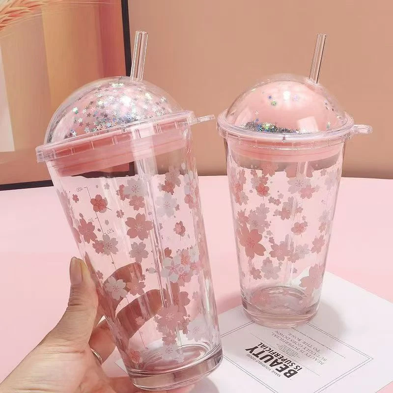 日式樱花网红玻璃杯星空盖吸管杯女生吸管高颜值刻度杯玻璃水杯