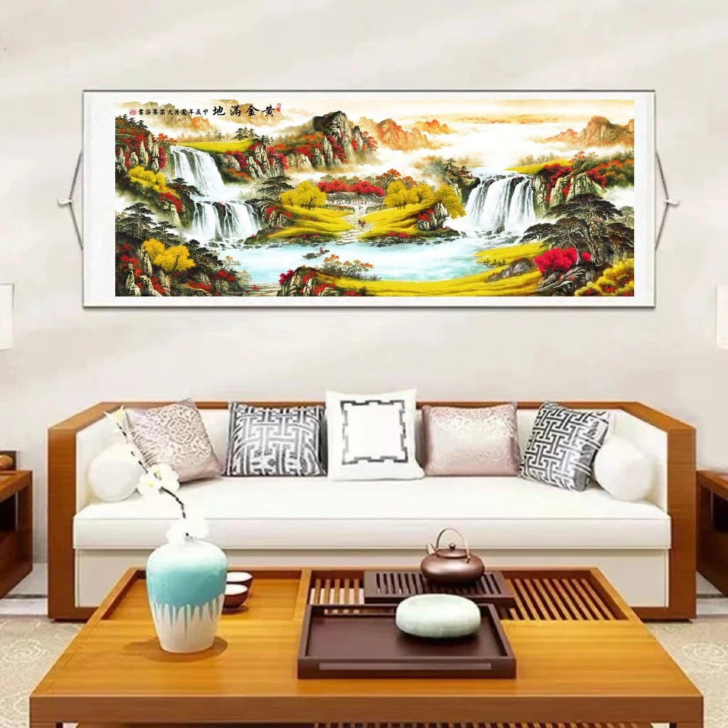 《黄金满地》260×80CM横幅山水画办公室客厅茶室装饰画