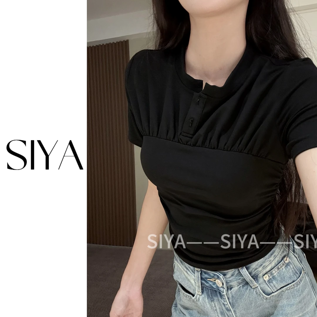 【SIYA】简约休闲显瘦收褶短袖T恤女夏季纯色百搭正肩短上衣
