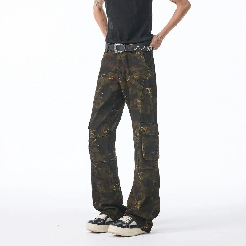 PLQV新款春秋迷彩工装口袋微喇休闲裤情侣装百搭大码潮流宽松直筒