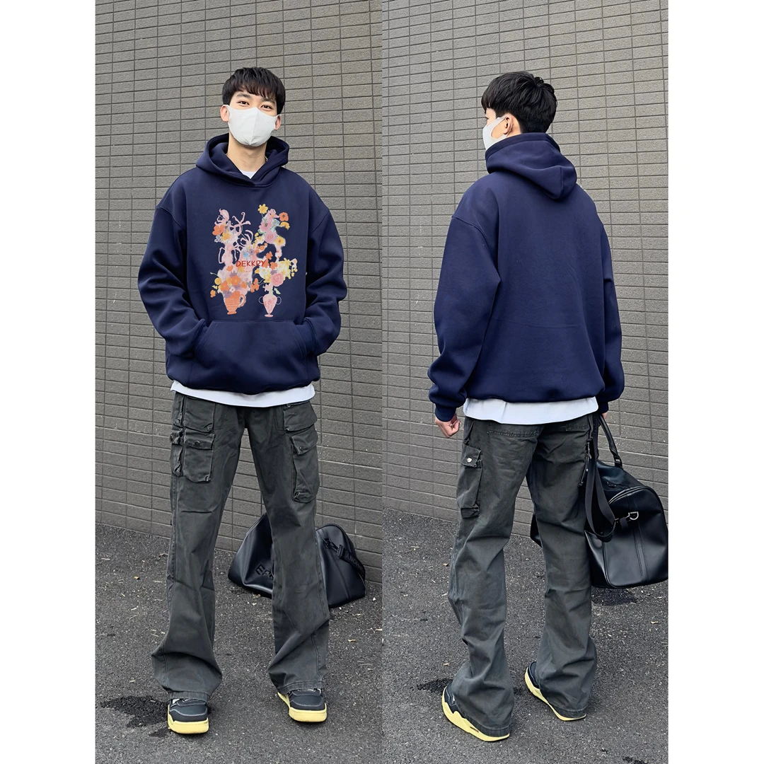 美式潮流个性ins风花瓶印花宽松连帽卫衣男女秋冬季休闲情侣上衣