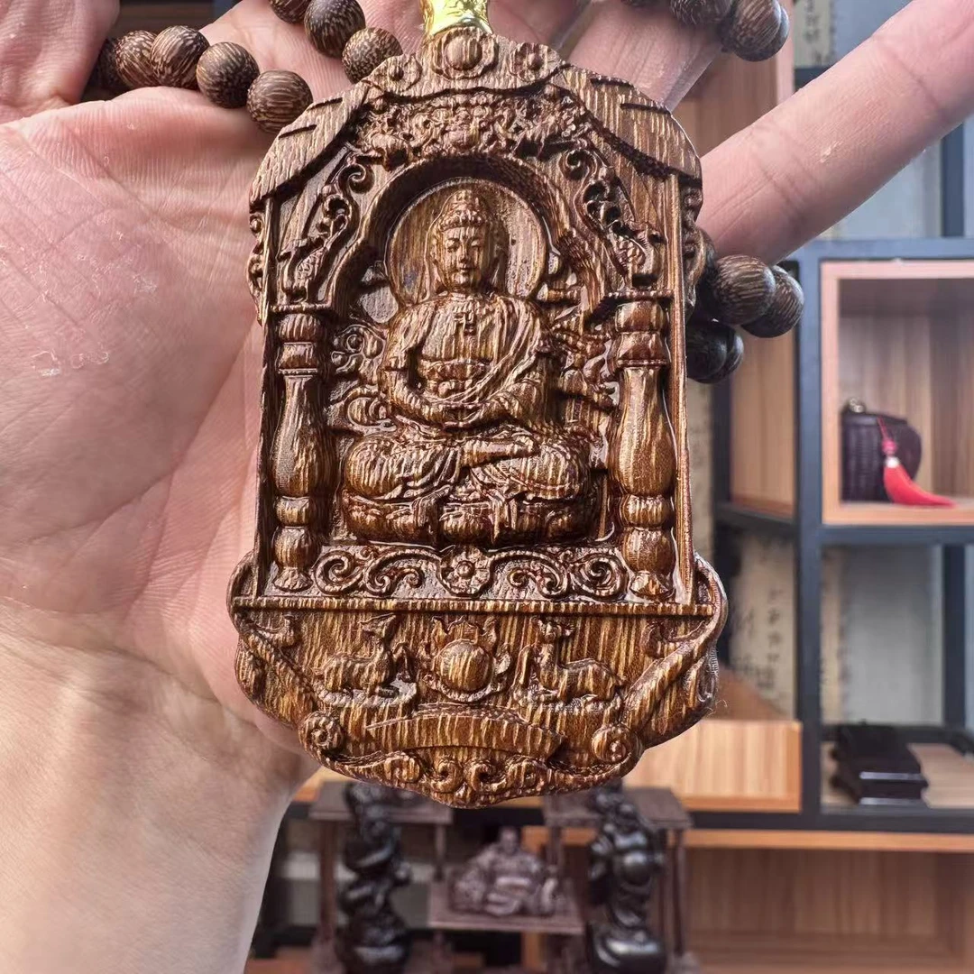 增香沉香木【白旗如来佛祖】无礼盒吊坠带珠链108颗老料文玩