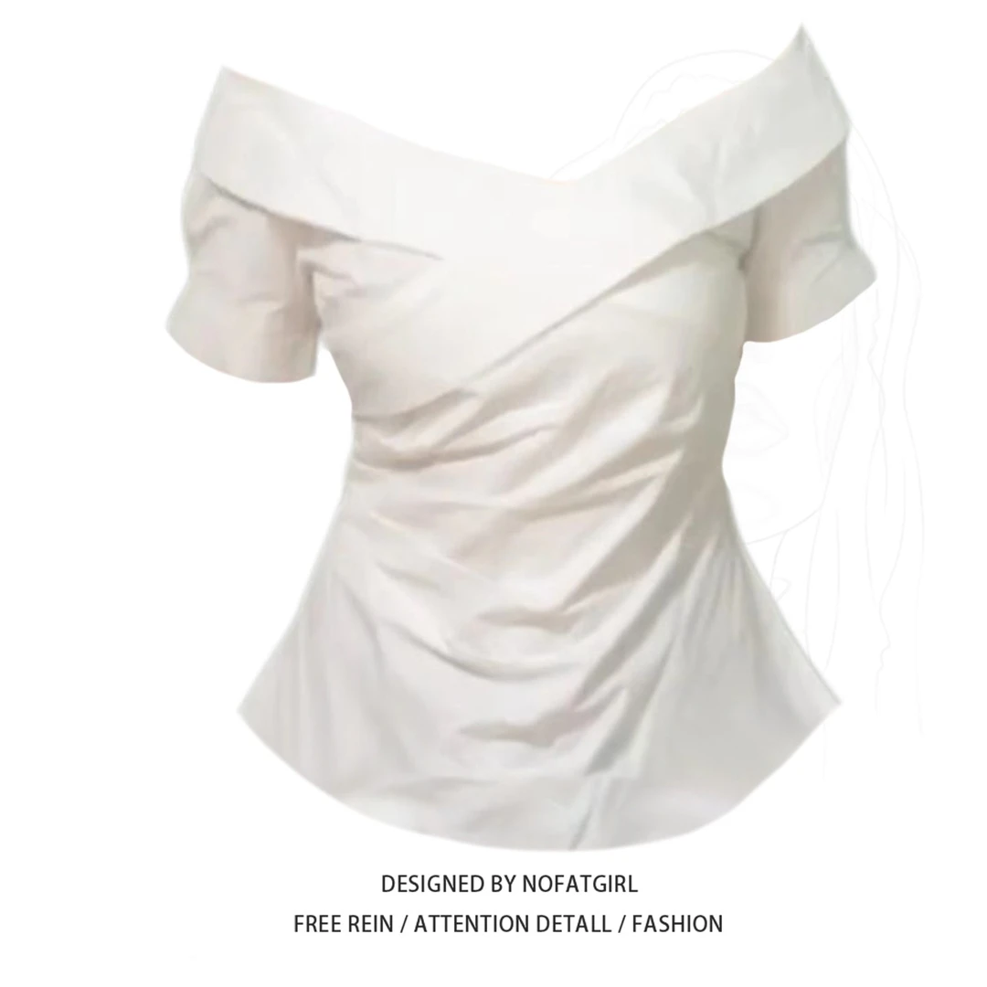 大码胖妹妹纯欲辣妹设计感一字肩短袖衬衫女夏季掐腰收腰显瘦上衣