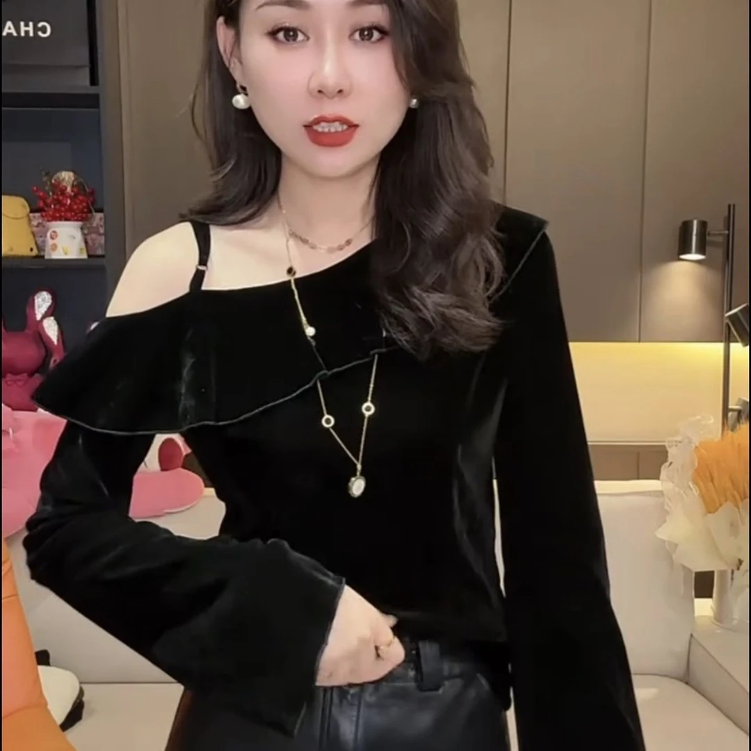 欧货打底春秋新款打底衫金丝绒长袖T恤女小心机露肩锁骨上衣内搭t