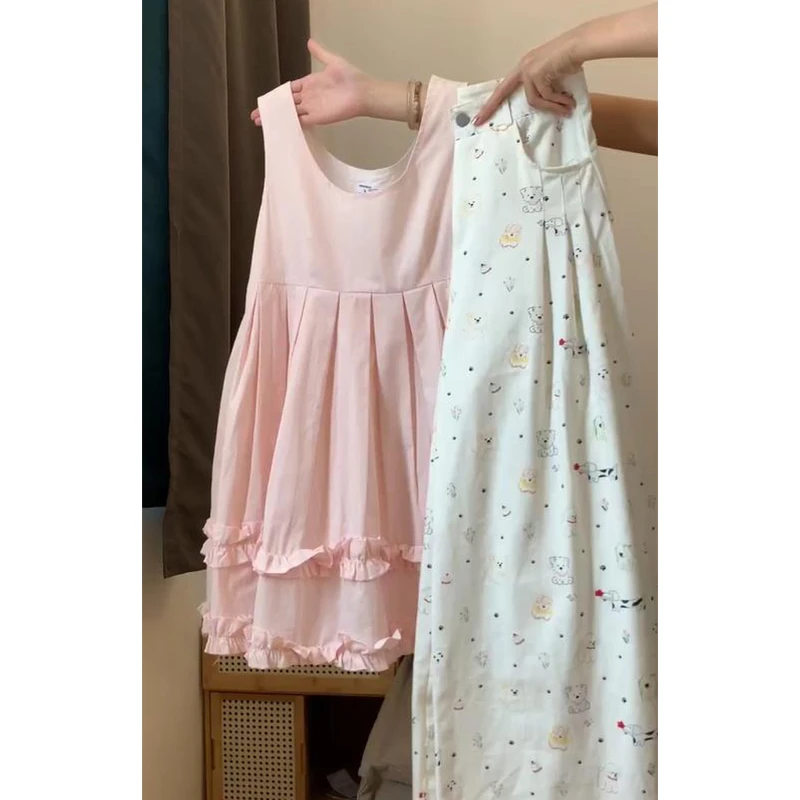 夏季减龄一整套穿搭粉色木耳边背心裙高腰阔腿牛仔裤子两件套女潮