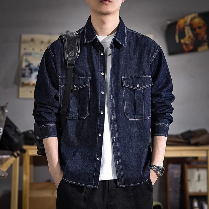 设计感工装牛仔衬衫男2025新款春季美式复古休闲长袖纯棉衬衣外套