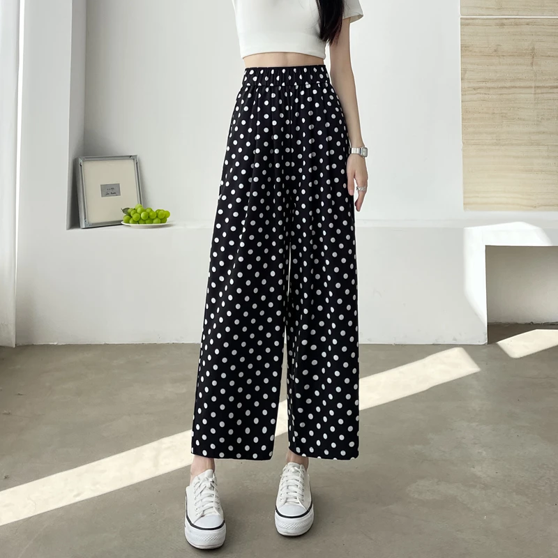 夏季冰丝薄款波点九分阔腿裤女宽松垂感矮小个子八分休闲直筒裤子
