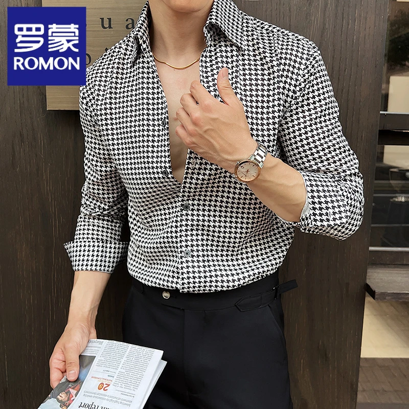 罗蒙春季轻奢男士V领长袖衬衫商务休闲千鸟格垂感时尚衬衣打底