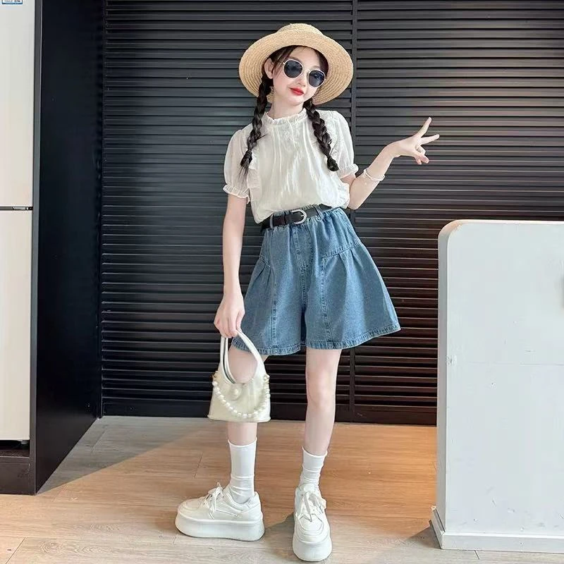 女童夏季木耳边娃娃边雪纺衫裙裤套装（无腰带）