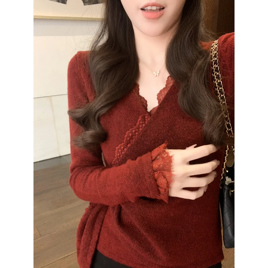 安安 蕾丝交叉领设计感毛衣抽拉式可调节显瘦