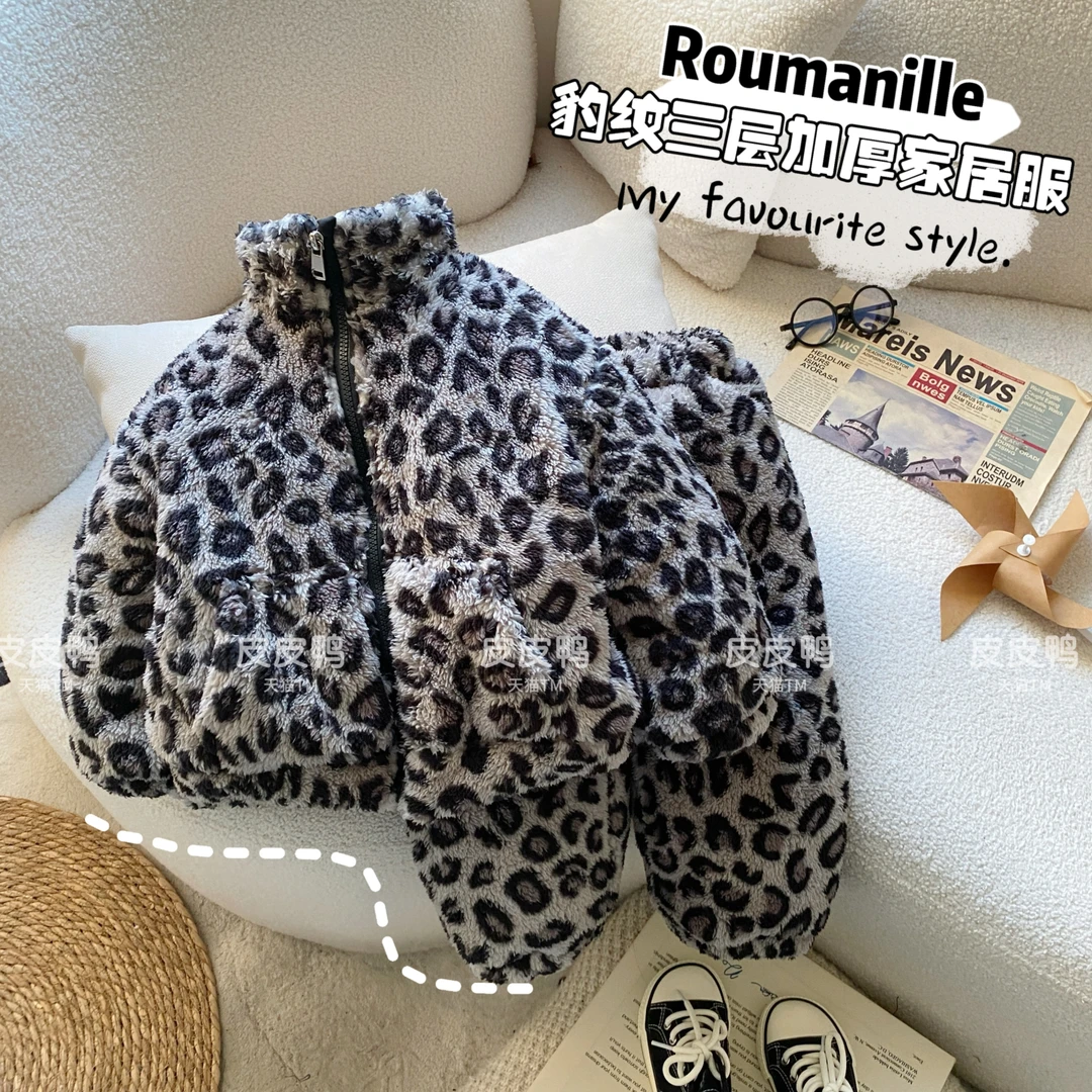 宝宝睡衣男童三层夹棉豹纹套装新款冬季保暖加绒加厚儿童家居服潮