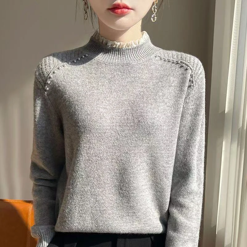 秋冬新款木耳边高级设计感针织打底衫女半高领毛衣减龄百搭上衣