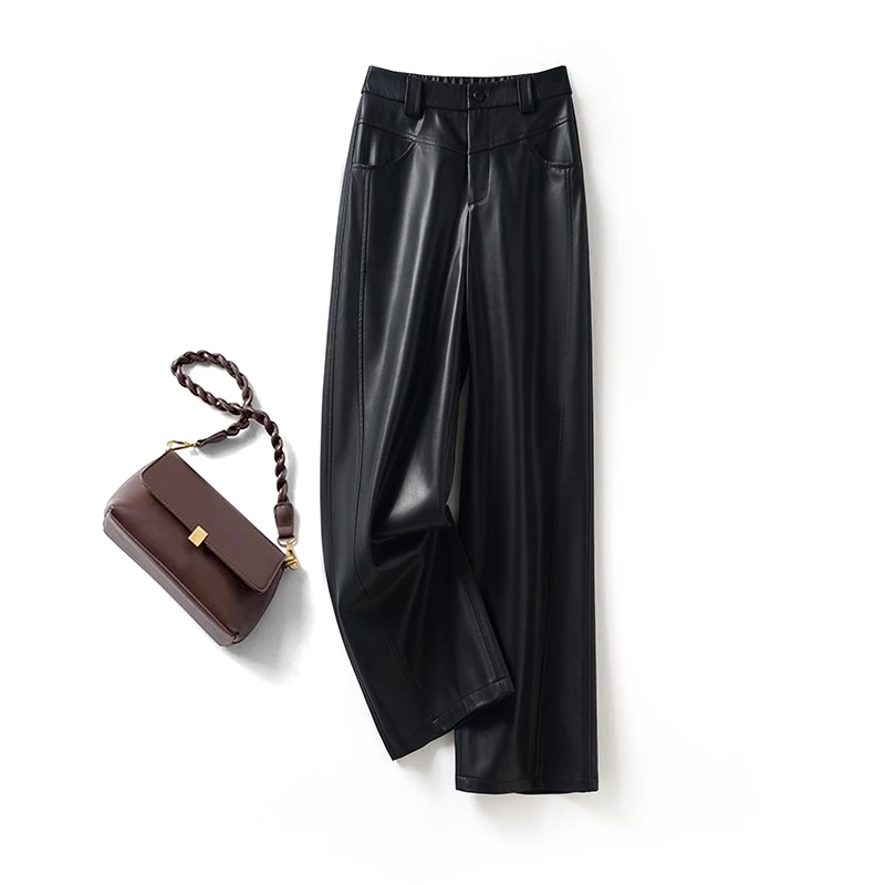 海宁真皮裤女2025春秋新款薄绒时尚百搭直筒长裤松紧高腰微阔腿裤