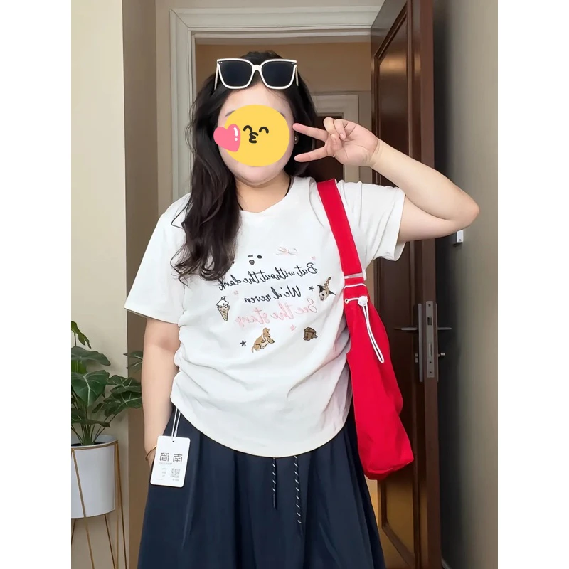 大码卡通字母刺绣正肩短袖t恤女夏季胖mm显瘦小清新百搭慵懒上衣