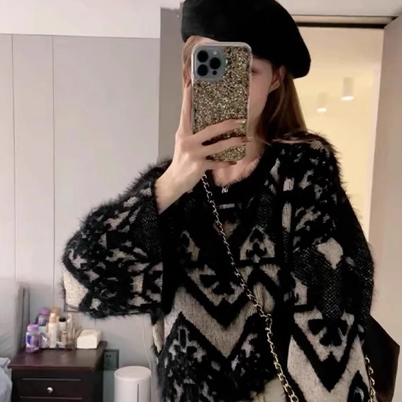 小香风水貂绒针织毛衣女秋冬季新款法式复古宽松显瘦长袖上衣