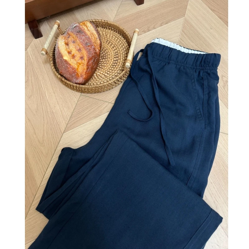 藏青色亚麻休闲裤女夏季薄款胖妹妹mm高腰百搭宽松显瘦冰丝阔腿裤