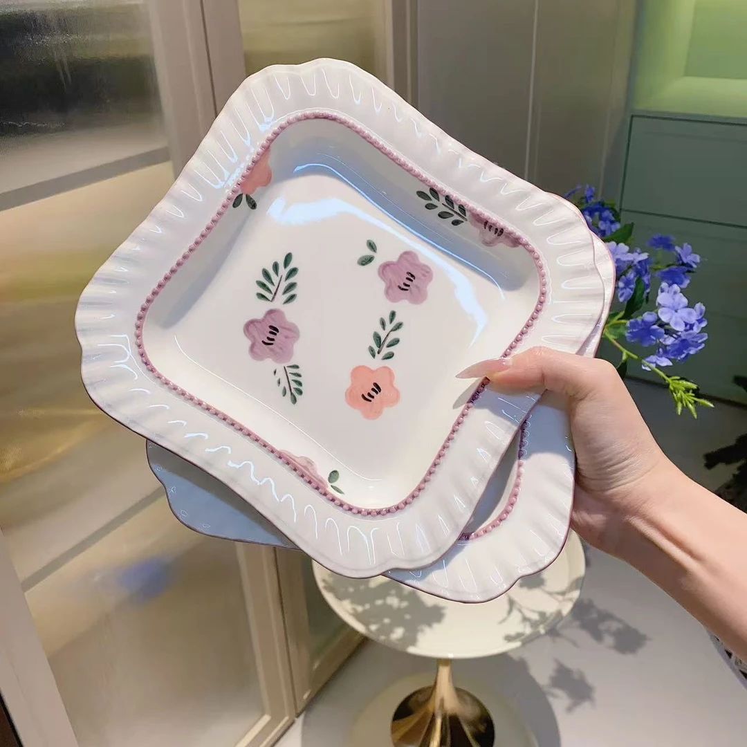 紫萱花陶瓷方盘高档深盘加厚耐高温盘子高颜值创意菜盘