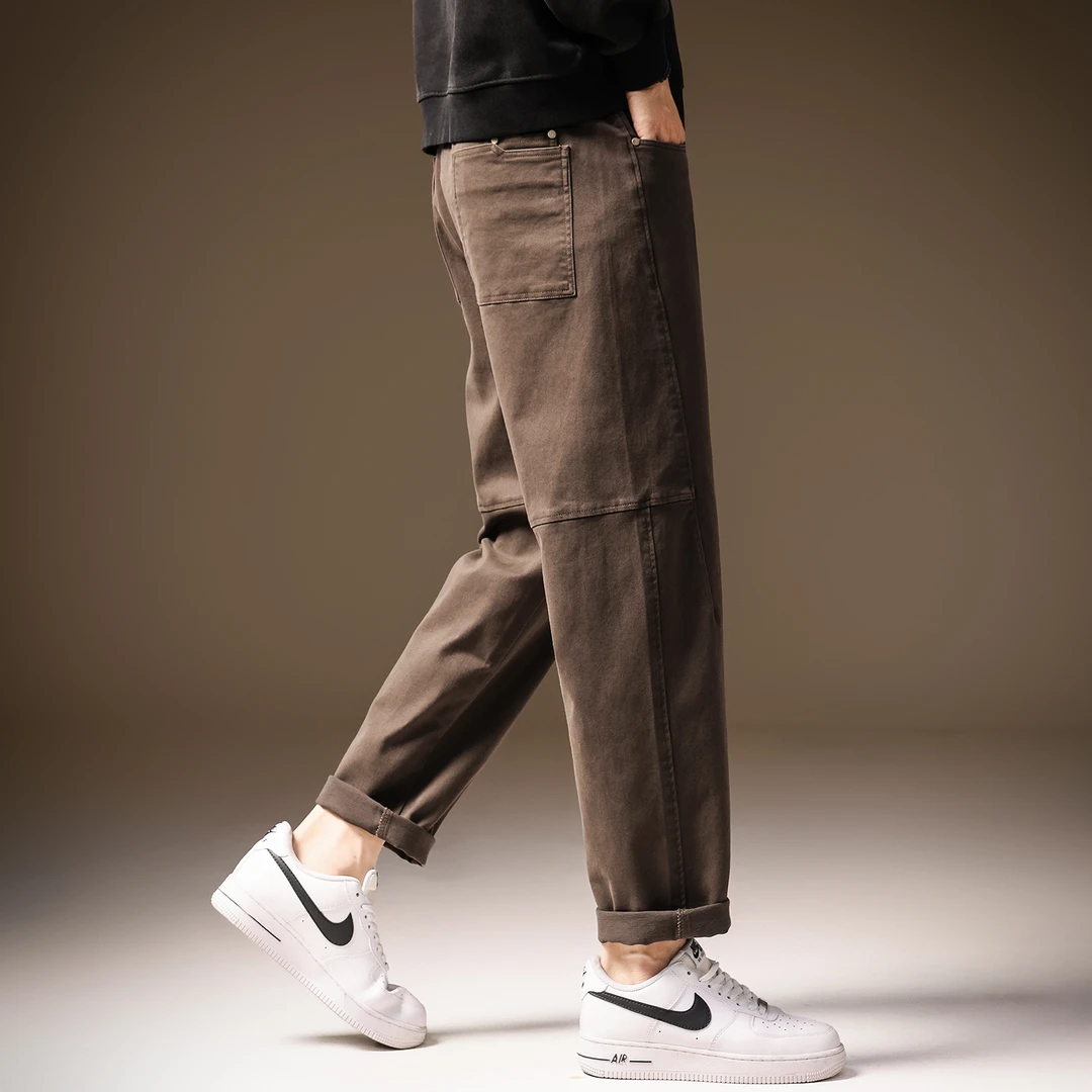 皮尔卡丹美式直筒锥形休闲裤子男士秋冬宽松休闲长裤阔腿工装裤男