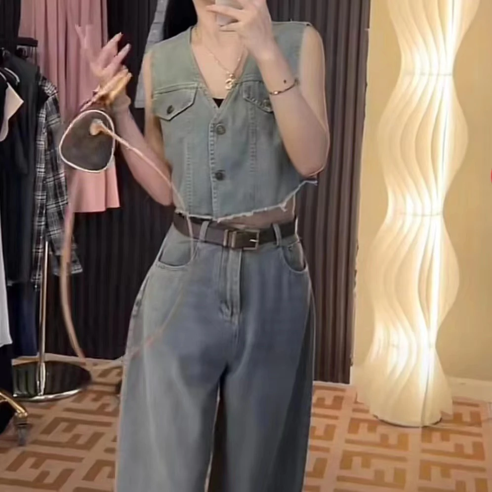 Bamancal复古牛仔马甲阔腿裤套装女夏短款无袖背心上衣两件套