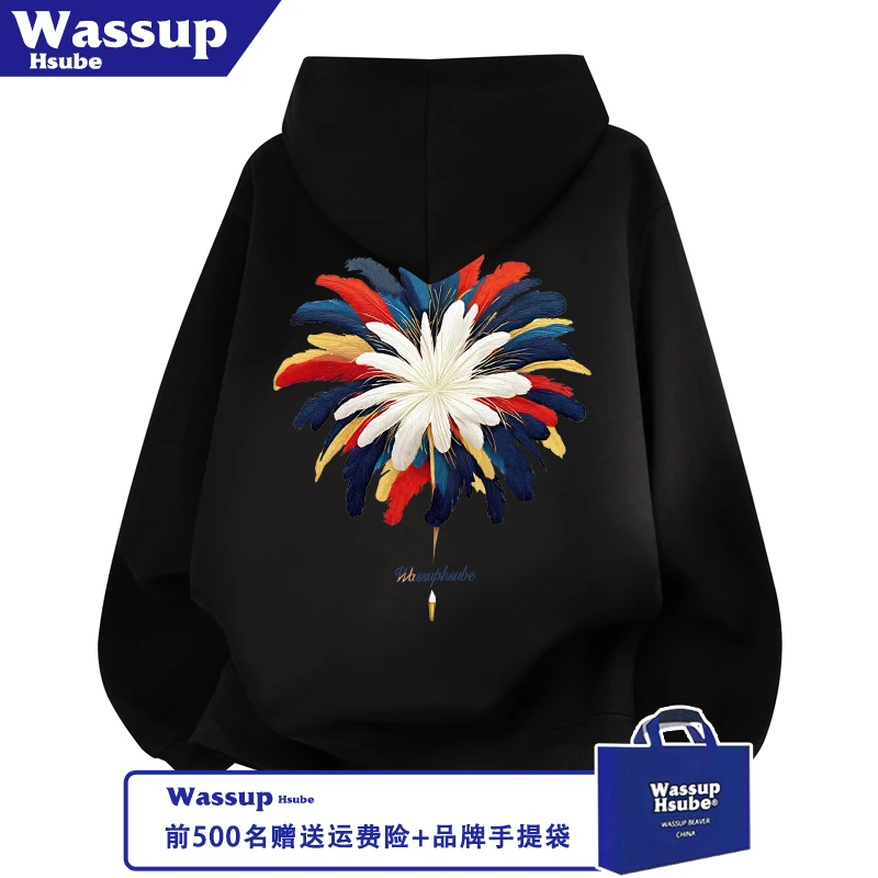 WASSUP HSUBE秋冬男女加绒连帽开衫彩色羽毛印花卫衣重磅拉链外套