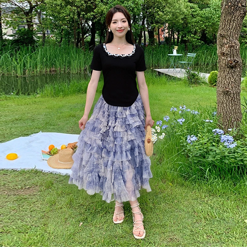 五季家胖mm大码女装套装夏季方领短袖T恤褶皱半裙两件套ZL104795