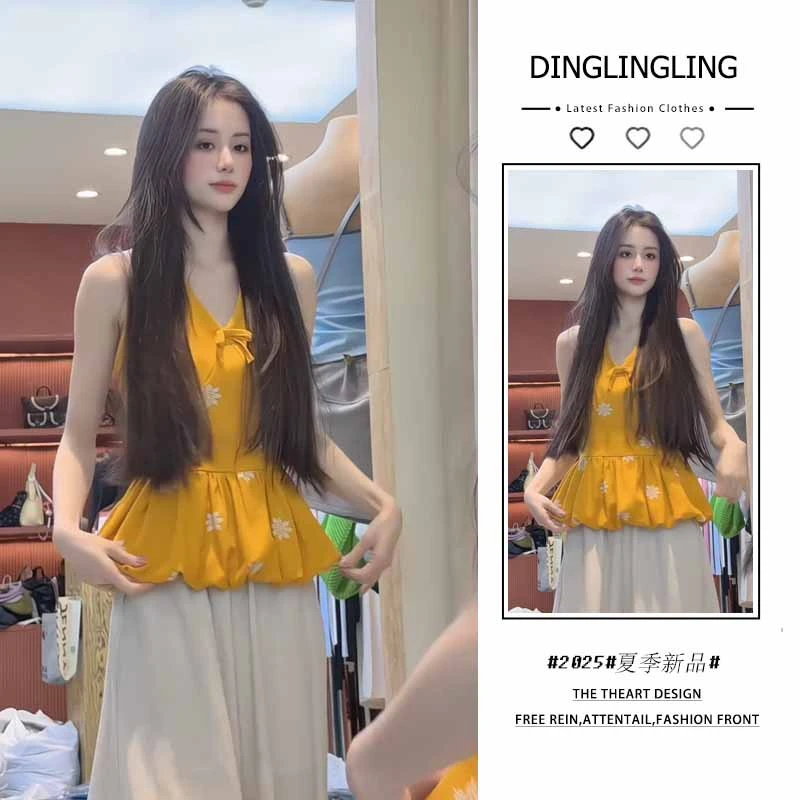 2025年夏季新款韩穿搭套装女重工挂脖背心上衣休闲阔腿裤两件套潮