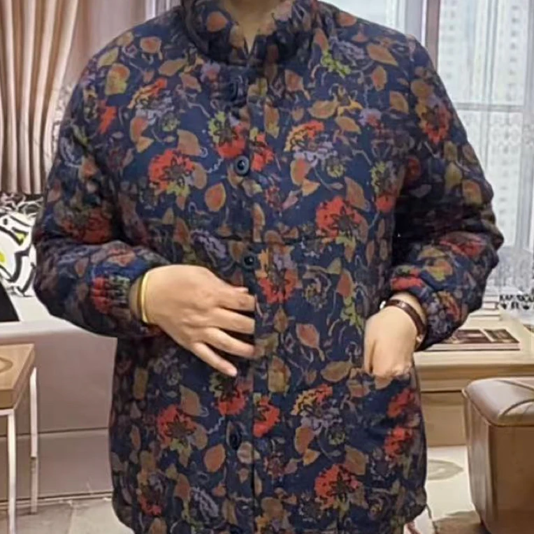 726中老年冬季加厚碎花立领宽松舒适棉服外套