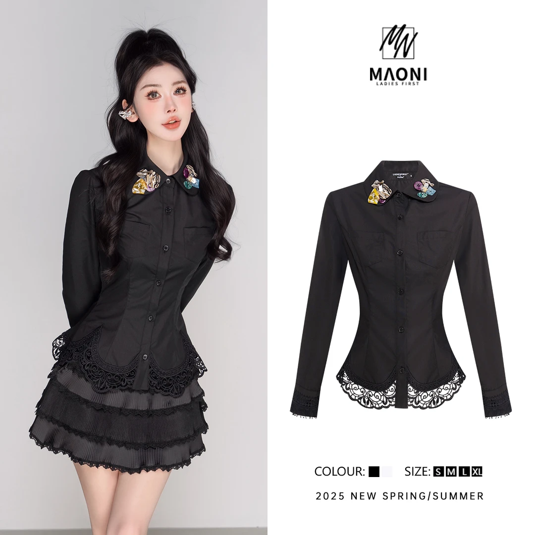 毛妮Peshe【花边修身衬衫】设计感小众长袖纯色显瘦气质衬衣春L1328