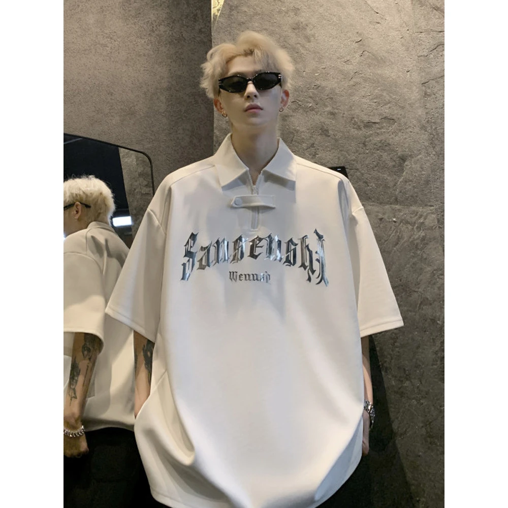 美式潮牌Polo衫男2024夏季新款宽松休闲金属印花短袖T恤翻领上衣