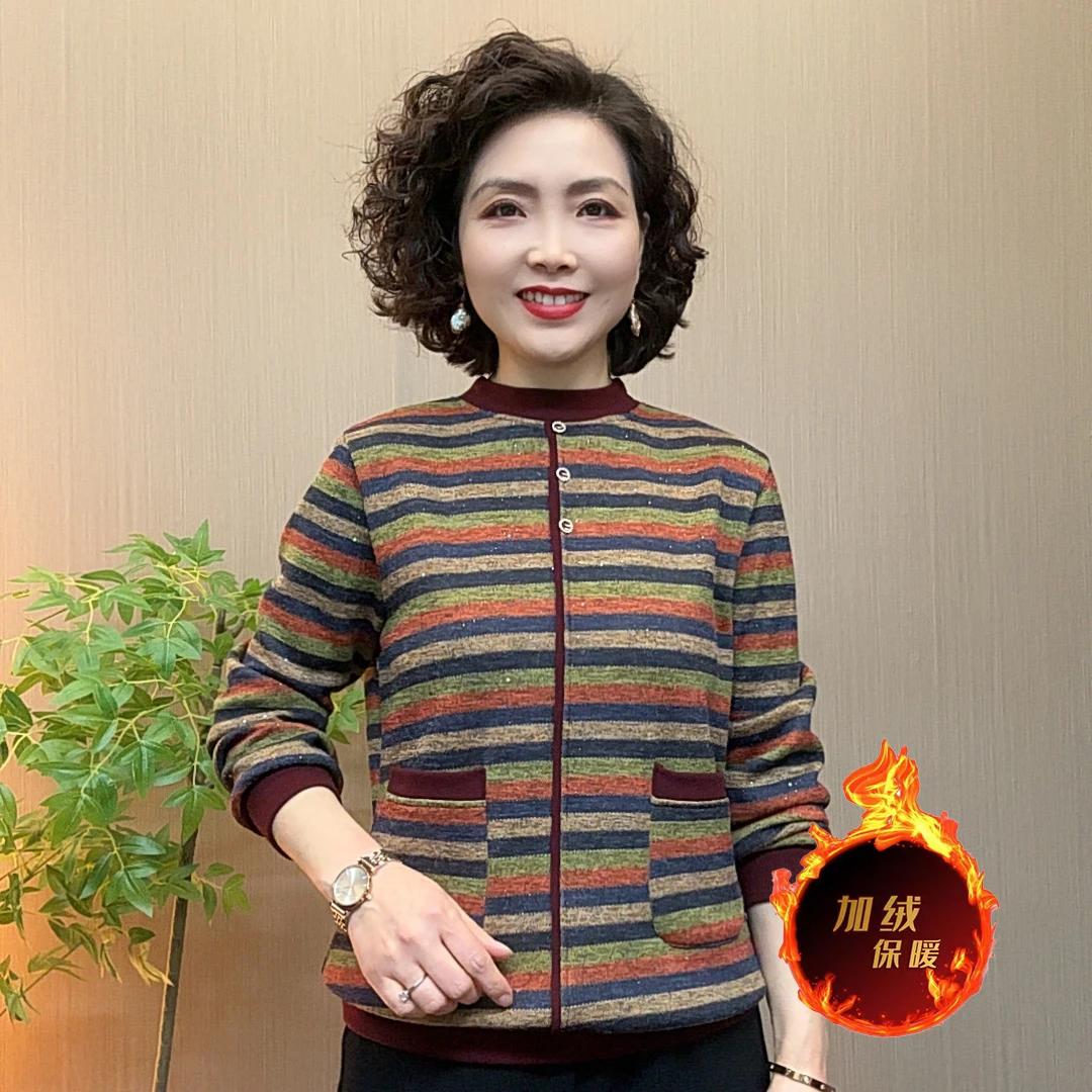 冬季时尚条纹圆领百搭洋气流光风中老年妈妈装加绒减龄气质打底衫