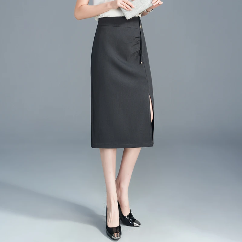 开叉西装半身裙2025春夏高腰新款一步裙直筒中长包臀裙子女-8609