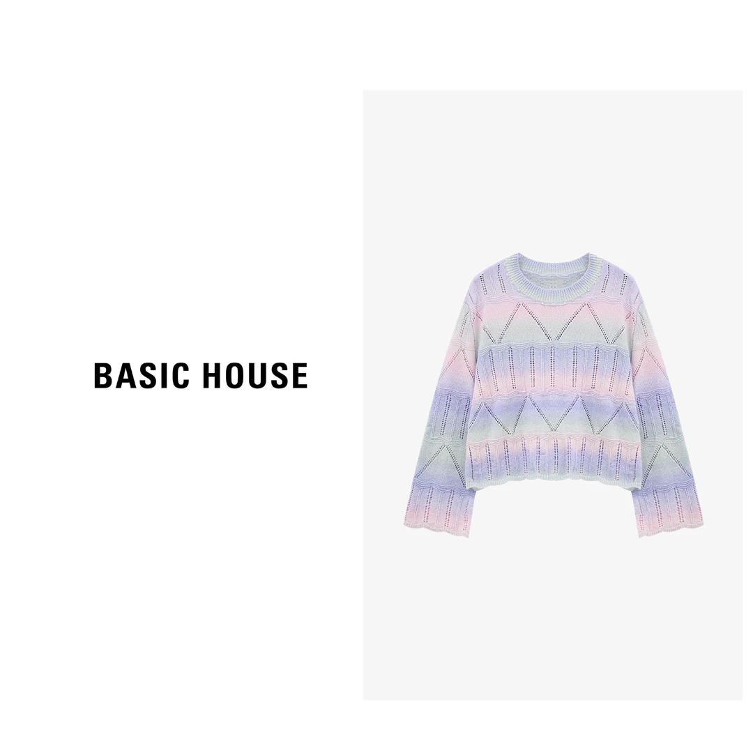 Basic House/百家好新款圆领镂空撞色设计显瘦针织衫-B0625B5MTI2