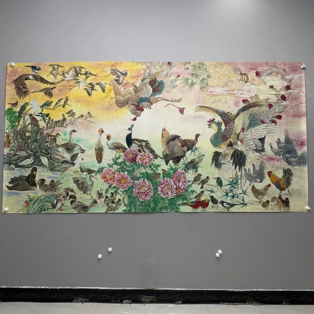 国画精品工笔八尺百鸟图贾敏