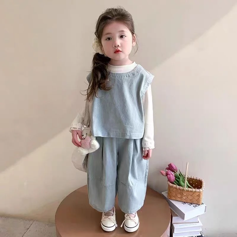 52128女童春季套装2025新款洋气儿童牛仔女宝宝马甲休闲裤三件套