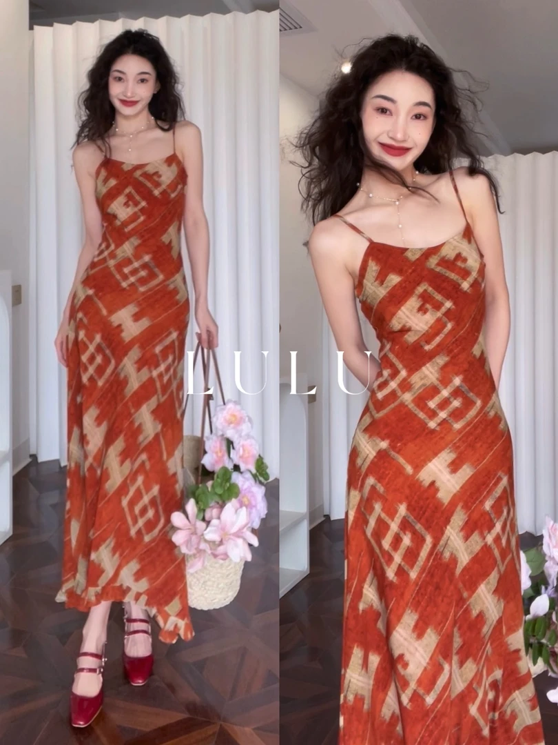 【暮色】设计感复古印花不规则花边裙摆收腰显瘦连衣裙