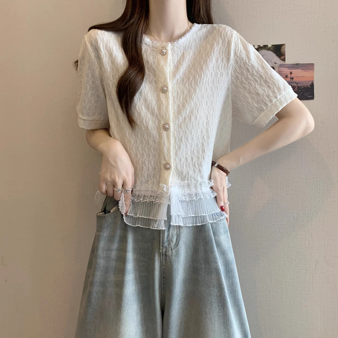 夏装大码女装设计感蕾丝拼接法式温柔风遮肚显瘦短袖t恤衬衫上衣