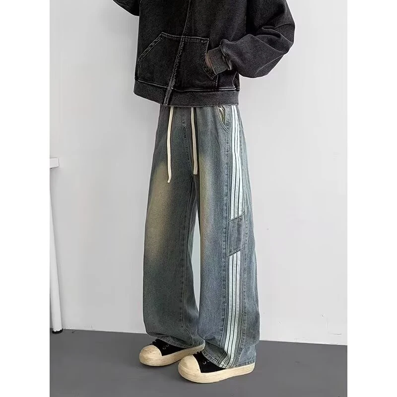 港风潮男装夏季新款个性牛仔裤嘻哈ins潮高街潮流痞帅抽绳长裤子