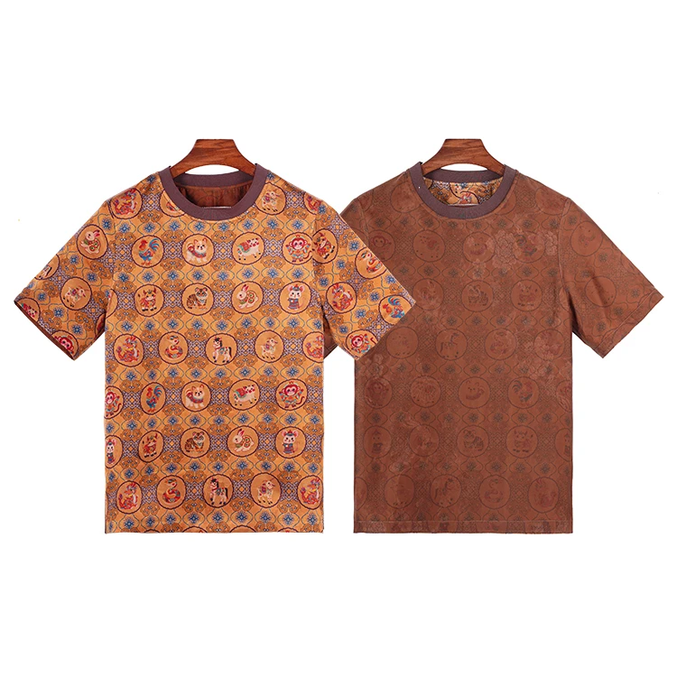 99457 男士十二生肖圆领短袖 桑蚕丝透孔罗红云纱新中式复古上衣