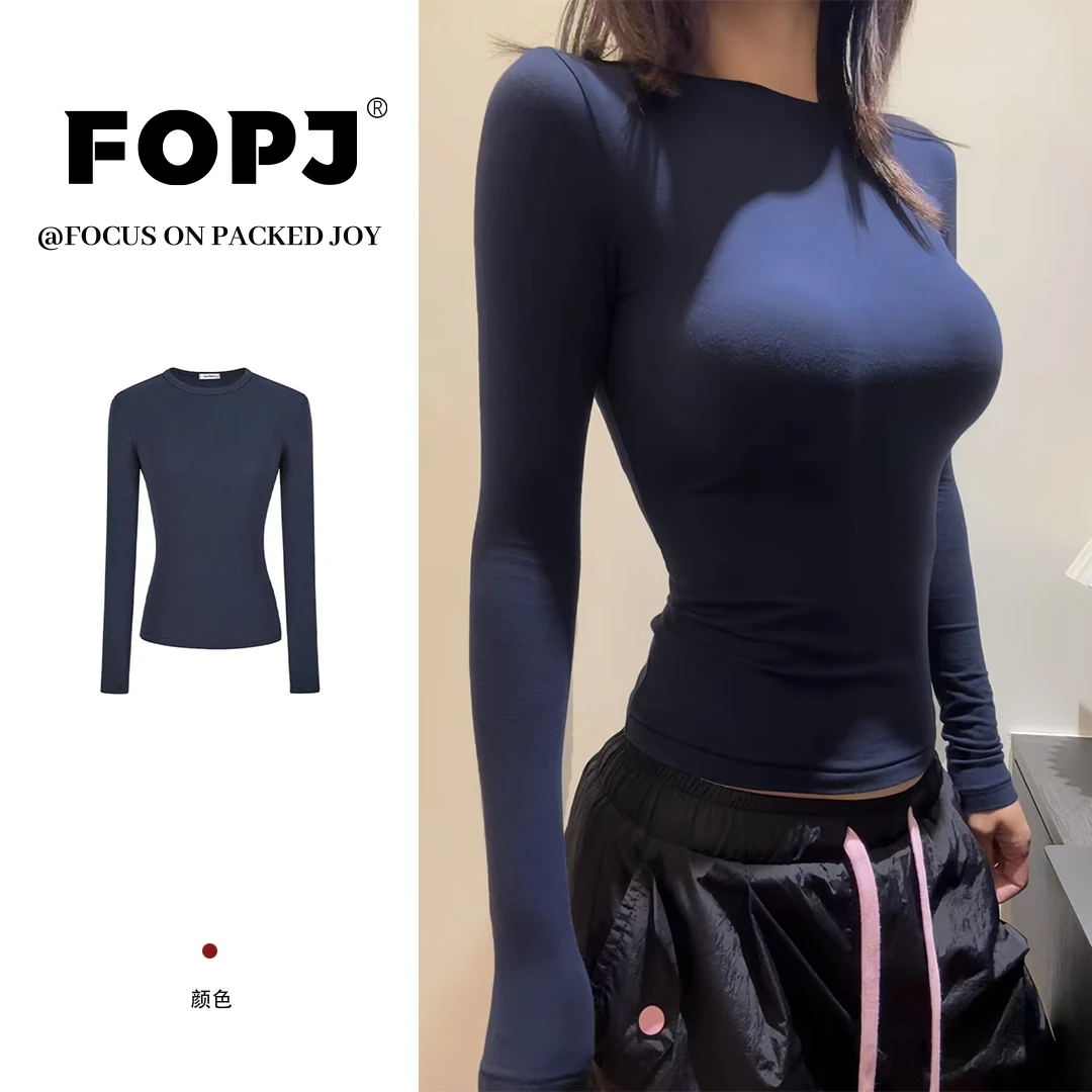 FOPJ春秋美式辣妹修身显瘦圆领百搭长袖打底女士加绒紧身内搭上衣