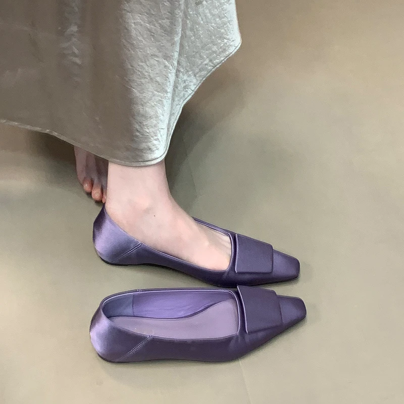 春季新款缎面紫色优雅方扣内增高单鞋方头通勤一脚蹬瓢鞋