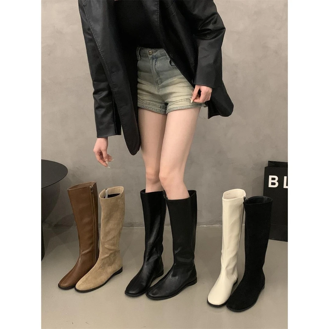 粗跟绒面不过膝瘦瘦靴女鞋子2025年秋冬新款方头绒面复古骑士长靴