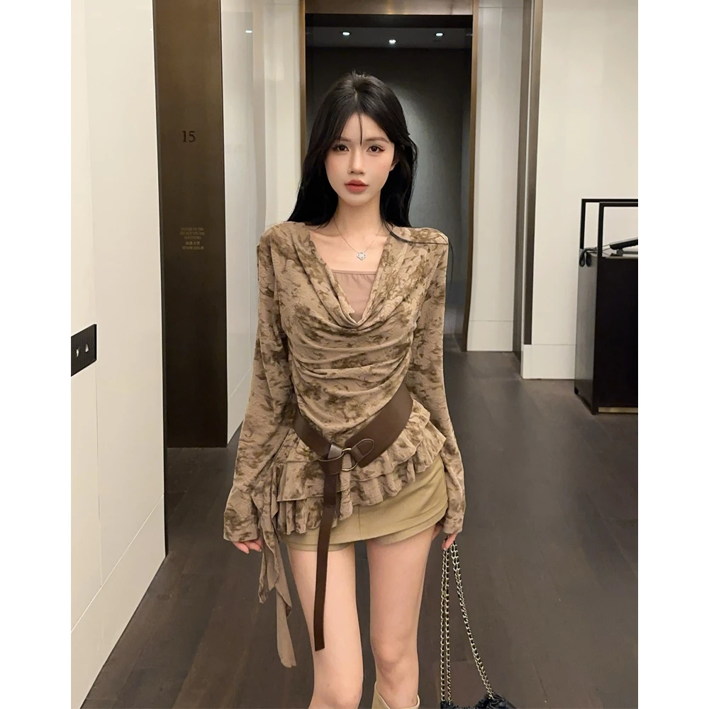 显瘦高级感百搭假两件荡领长袖T恤上衣女配皮带酷飒风女装高级感