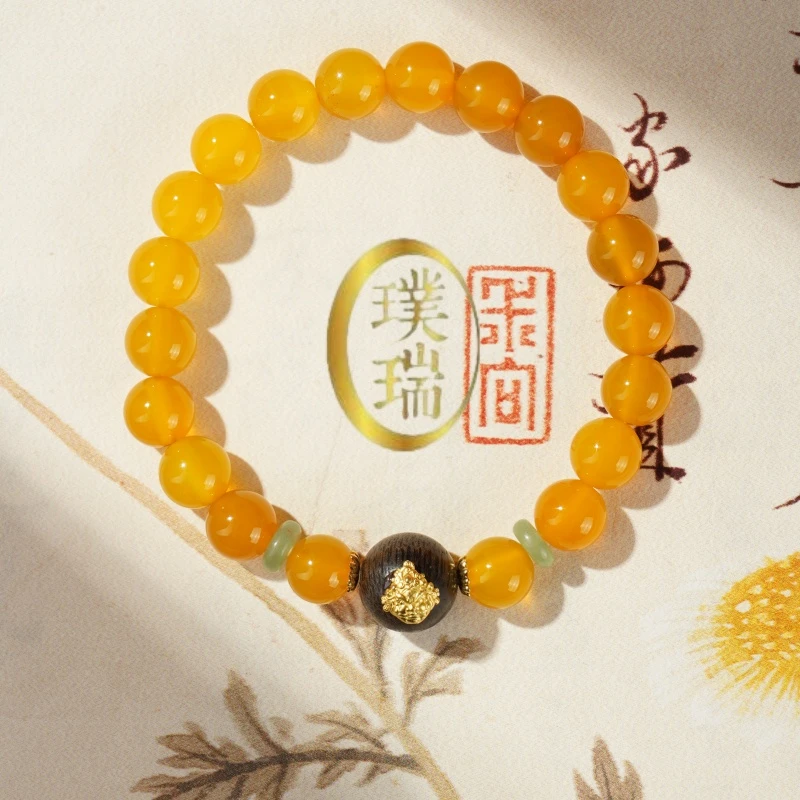 天然黄玛瑙配沉香黄财神顶珠手链 多样性发一 SL578