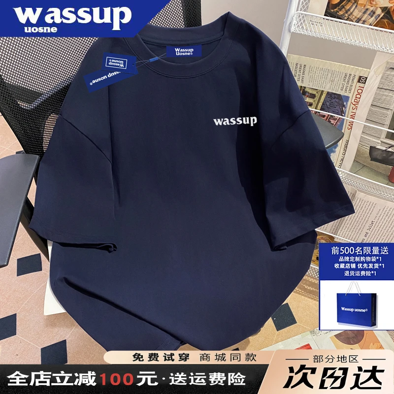 WASSUP UOSNE重磅纯棉藏青色短袖T恤男夏季潮牌休闲半袖2025新款